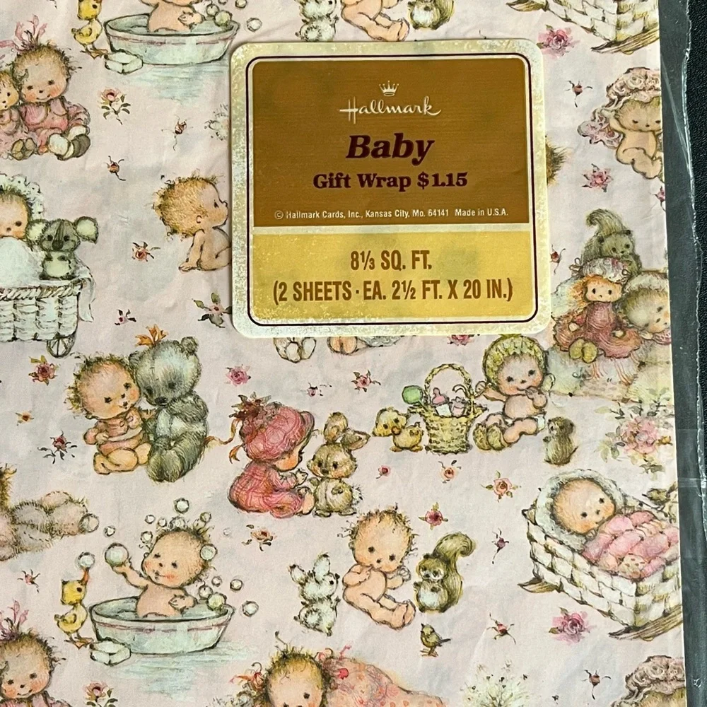 Vintage Hallmark Baby Gift Wrap Mary Hamilton Pink Girl Wrapping Paper 2 Sheets